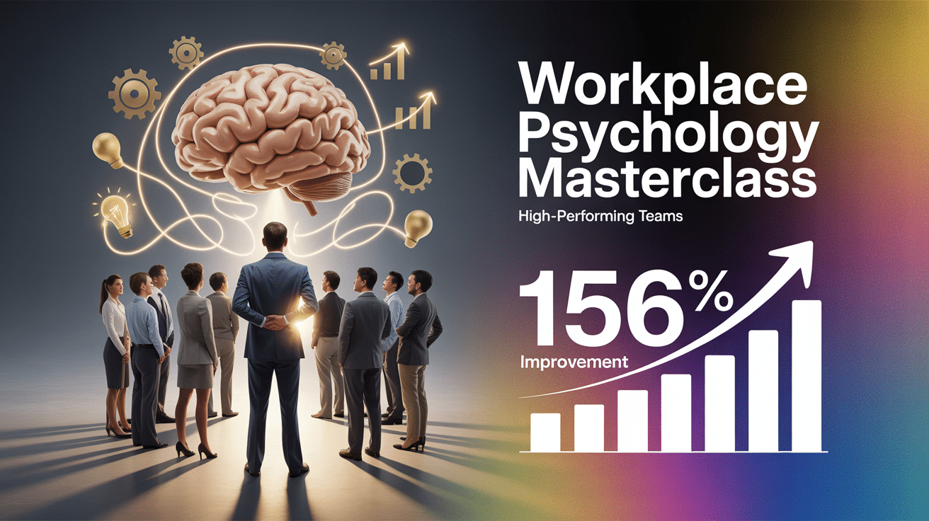 Workplace psychology masterclass showing team leadership concepts with brain psychology and performance metrics for high-performing teams